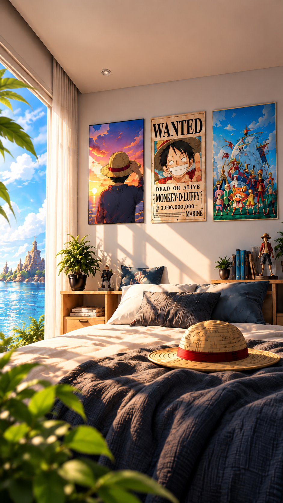 Helles Anime-Zimmer mit One Piece Postern